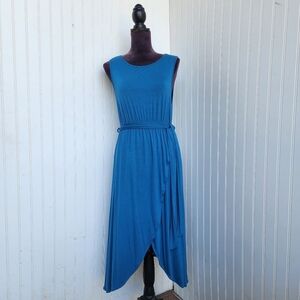 NWT Sheila Rose Navy Dress Women Soft Stretch Faux Wrap Tie Jersey Midi Ruffle L